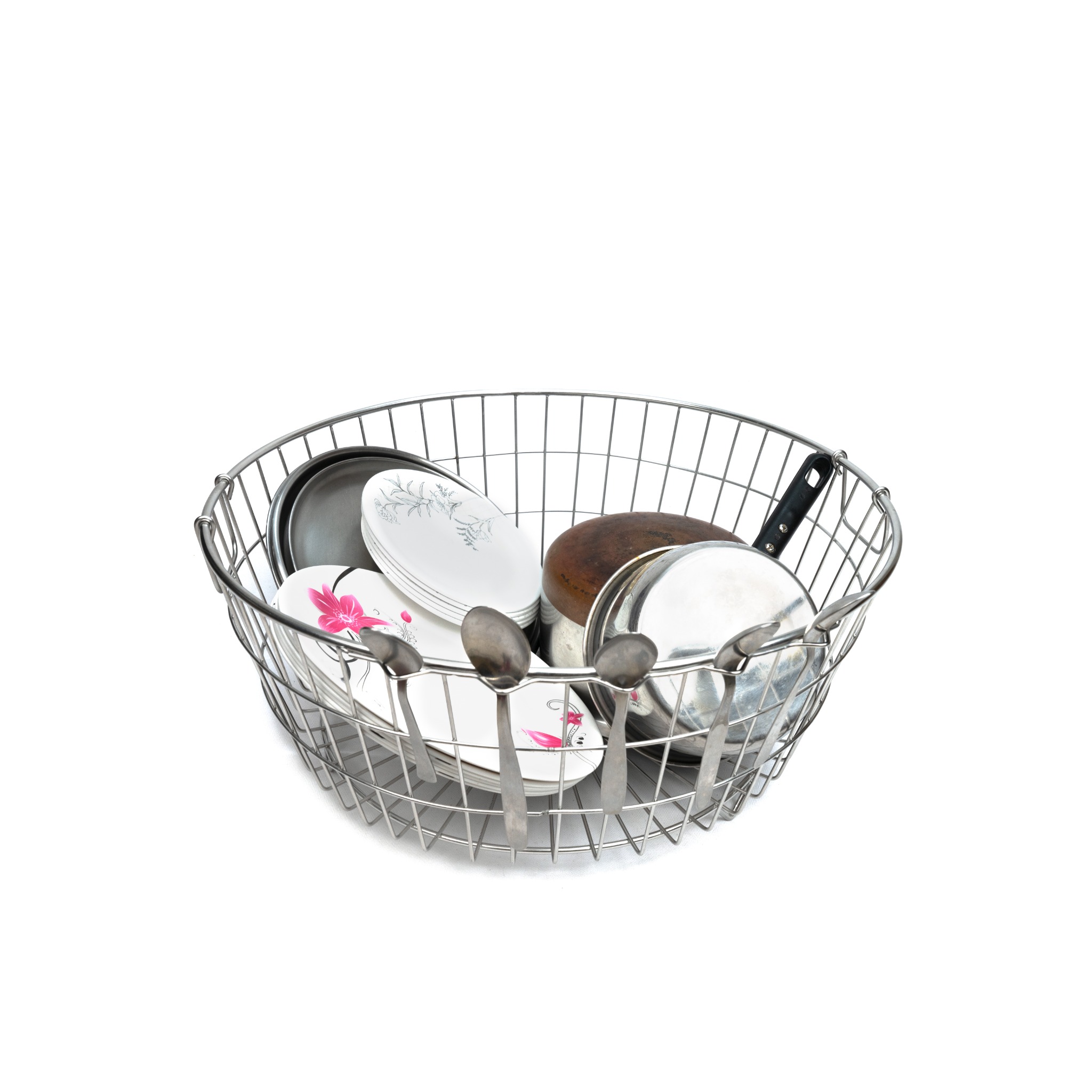 Kitchen basket with utensils and cookware